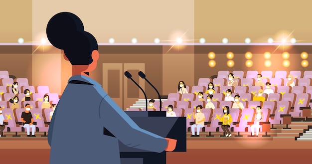 rear view female doctor giving speech at medical conference with people in masks medicine healthcare coronavirus quarantine concept lecture hall interior horizontal vector illustration