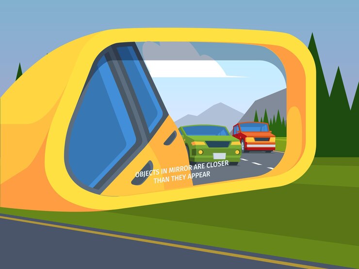 Vector rear view mirror car reflection side driving symbols outdoor vehicle safety mirror garish vector illustration in flat style