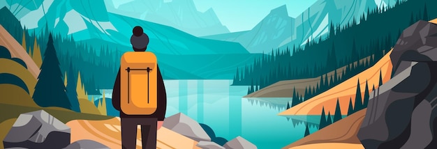 rear view of tourist with backpack travels along mountains and enjoying the view over beautiful nature landscape travelling hiking