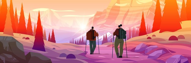 Vector rear view of tourists hikers with backpacks travels along mountains and enjoying the view over beautiful nature landscape