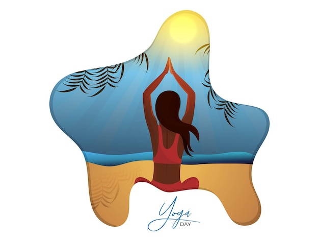 Vettore vista posteriore della giovane ragazza che fa meditazione sulla sabbia astratta e sfondo blu e sun international yoga day poster o banner design