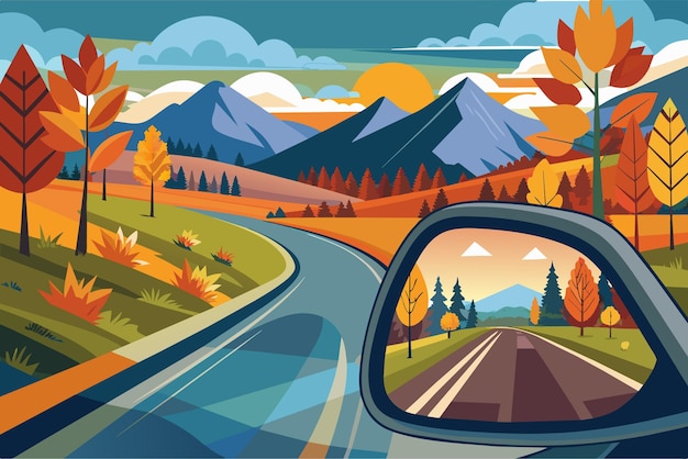 Vettore uno specchio retrovisore che riflette il cambiamento delle stagioni mentre un'auto si snoda per le strade panoramiche della campagna