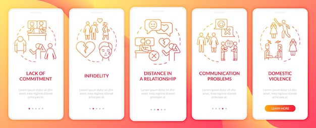 離婚の理由赤いグラデーションオンボーディングモバイルアプリ画面分離ウォークスルー5ステップのグラフィックインストラクションページ線形の概念uiuxguiテンプレート無数のprobold通常のフォントを使用
