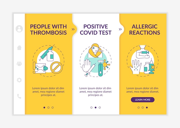 Motivi per le eccezioni mediche per l'onboarding del modello vettoriale. sito mobile reattivo con icone. procedura dettagliata della pagina web in 3 schermate. concetto di colore delle condizioni mediche con illustrazioni lineari