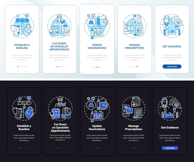 Reasons to visit doctor dark, light onboarding mobile app page screen