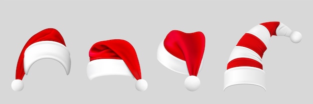 現実的なクリスマスの帽子。さまざまな角度のジングルベルで描かれたリアリズムスタイルのサンタクロースキャップのコレクション。灰色の背景イラストの休日の帽子またはクリスマスのシンボル。