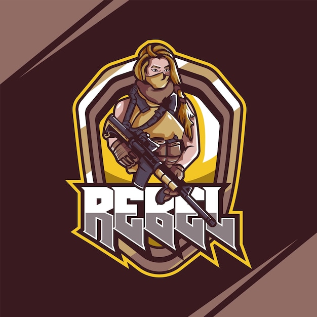 Modello di logo della mascotte del gioco di esport del giocatore di rebel pro vettore premium