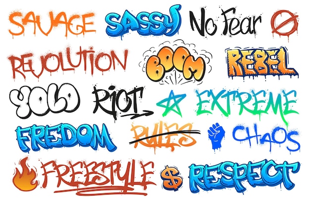 Rebellious graffiti lettering riot street art scribbles freedom and revolution tags urban freestyle wall taging vector set