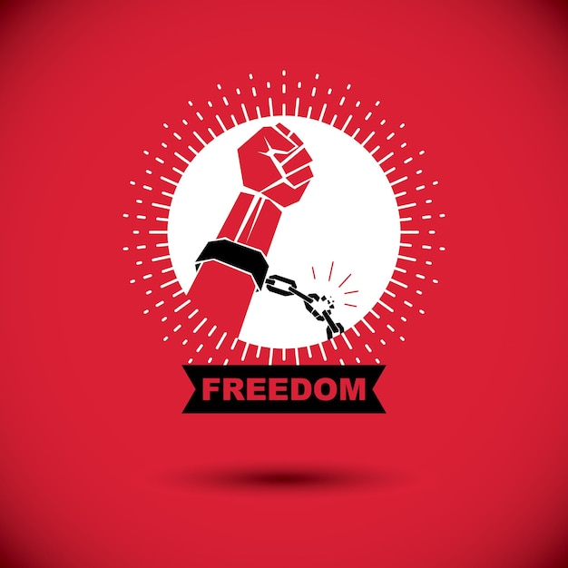 Rebels red arm with clenched fist in shackles breaks the chain. freedom for the personality