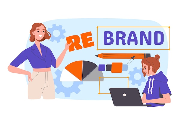 Vector rebrand in bedrijfsconcept branding en marketing grafisch ontwerpers teamwerk bij logo's voor