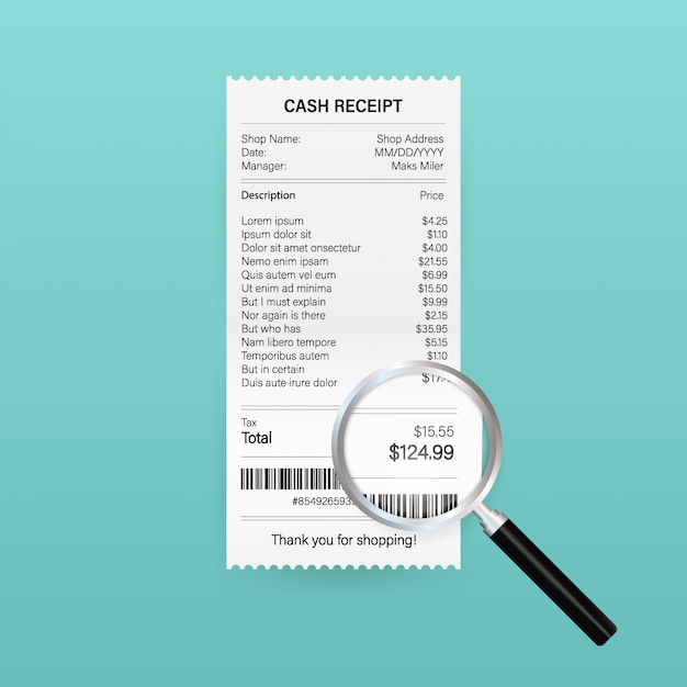 Vector receipt icon with magnifying glass.