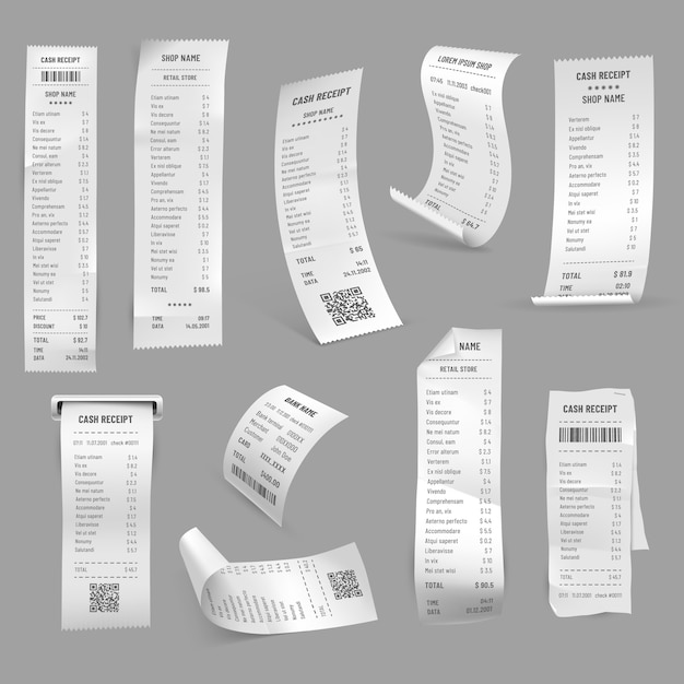 Vector receipts, paper bills and cash checks or payment invoice, realistic isolated set. supermarket or shop receipts, atm machine and cash terminal slot ticket or payment and transaction payslip