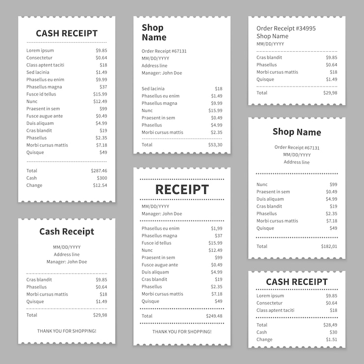 Vector receipts printed bills. checks receipt print bill amount buy choice paper check cost cash retail price purchase document