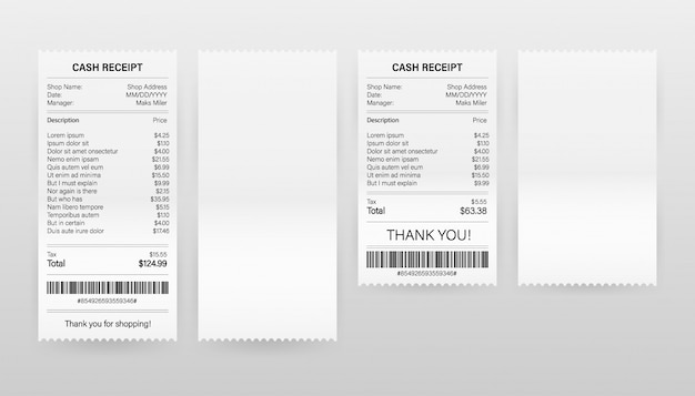 Illustrazione di vettore di ricevute di fatture realistiche di carta di pagamento per transazioni in contanti o con carta di credito.