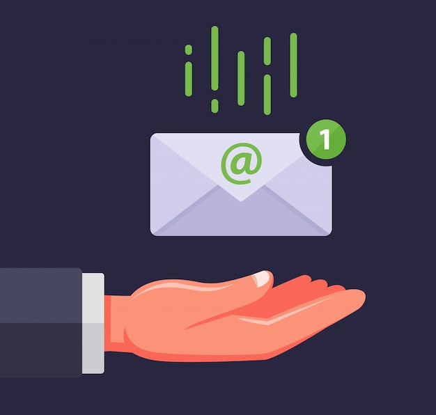 Vector receive an email. the envelope falls into the palm of the person. important message.   illustration.