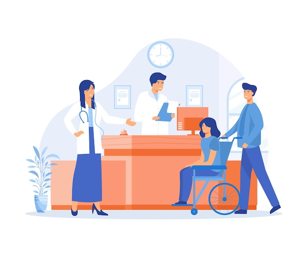 Reception in hospital with patients Waiting room with disabled man flat vector modern illustration