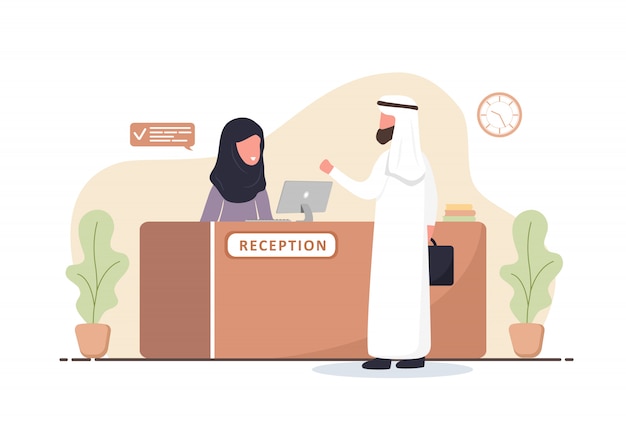 Reception interior. arabic woman receptionist in hijab. arab man at reception desk. hotel booking, clinic, airport registration, bank or office reception concept. cartoon flat illustration.