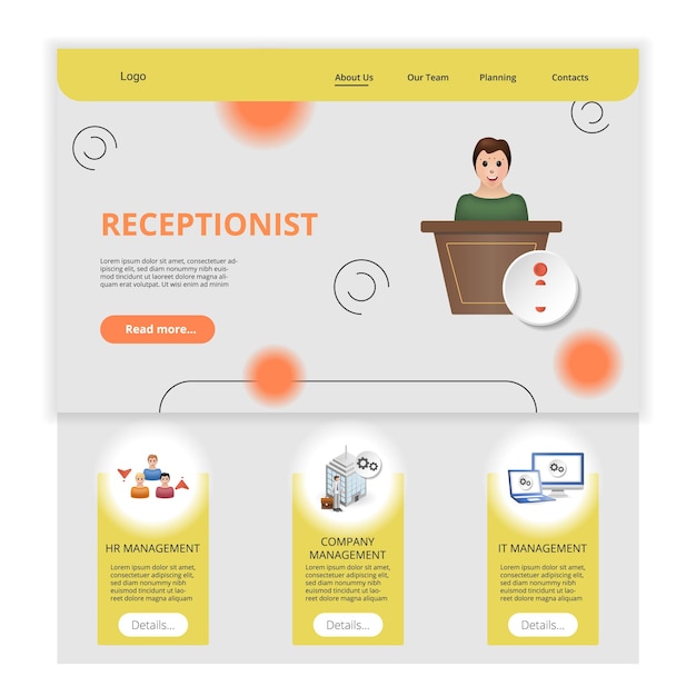 Receptionist flat landing page website template hr management company management it management web