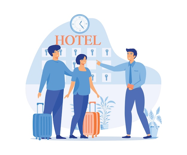 receptionist giving key from room Hotel scene with couple checking in Man and woman at reception counter with luggage flat vector modern illustration