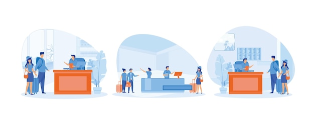 Receptionist job concept Receptionist verwelkomt de gast Mensen die in een modern hotel verblijven Stel een platte vector moderne illustratie