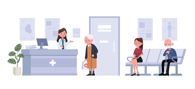 Receptionist e pazienti si siedono e aspettano davanti alla stanza in ospedale in stile piatto. illustrazione personaggio dei cartoni animati