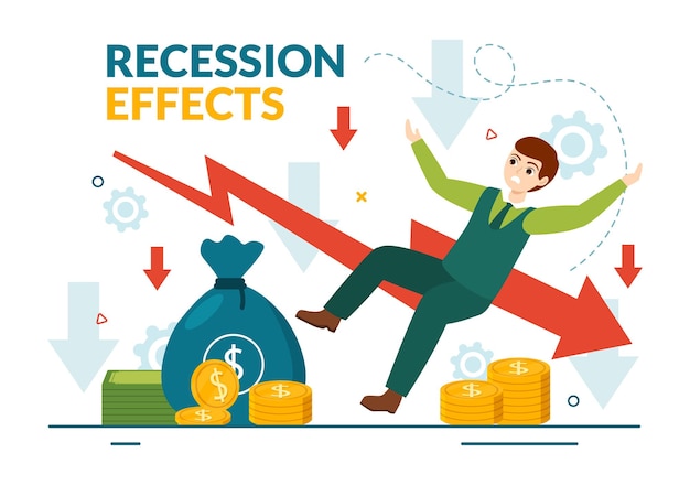 Vettore illustrazione degli effetti della recessione con impatto sulla crescita economica e sul risultato del declino dell'attività economica