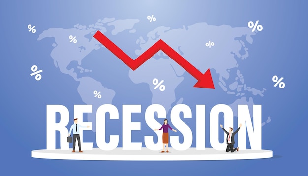 Paese finanziario in recessione di tutto il mondo con grandi parole o testo e le persone analizzano con uno stile piatto moderno