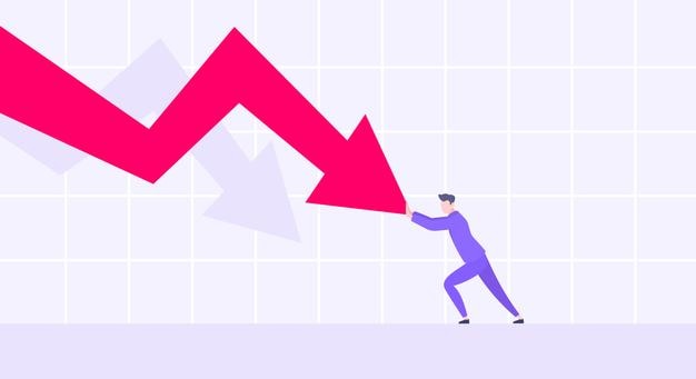 Recession loss and business bankruptcy concept young adult man pushed red crisis arrow downturn