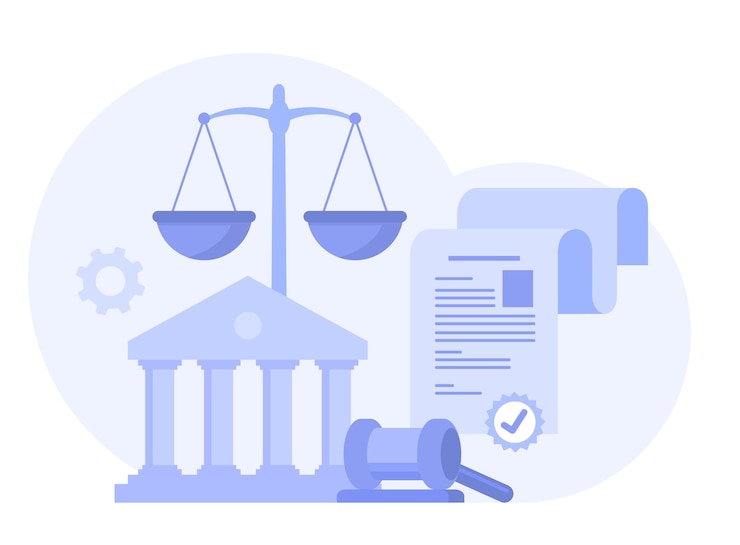 Vector recht en gerechtigheid scènes advocaat raadplegen cliënt rechter kloppen met houten hamer juridisch advies concept en overleg oordeel platte vectorillustratie voor banner en website
