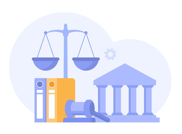 Vector recht en gerechtigheid scènes advocaat raadplegen cliënt rechter kloppen met houten hamer juridisch advies concept en overleg oordeel platte vectorillustratie voor banner en website