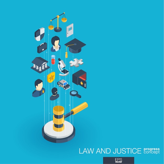Recht, justitie geïntegreerde web iconen. Digitaal netwerk isometrisch vooruitgangsconcept. Verbonden grafisch lijngroeisysteem. Abstracte achtergrond whith advocaat, misdaad en straf. Infograph