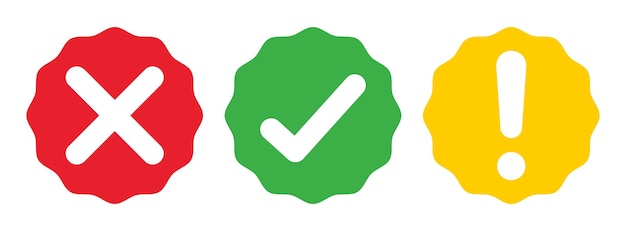 Vector recht verkeerd en uitroepteken symbool afgerond zigzag stijl in rode groene en gele kleur