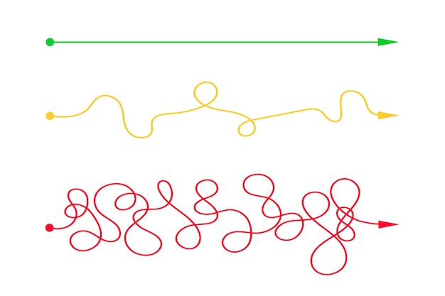 Vector rechte en gebogen chaotische lijnen van begin- tot eindpunt. verwachting en realiteit, makkelijk en moeilijk