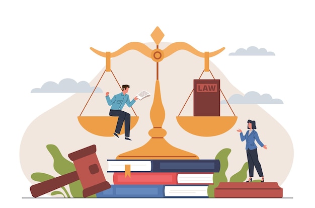 Rechtelijke mensen Platte weegschaal van Justitie met wetboek op dezelfde schaal en systeem vertegenwoordiger op andere balans gewicht kleine man en vrouw rechter en advocaat cartoon hedendaagse vector concept