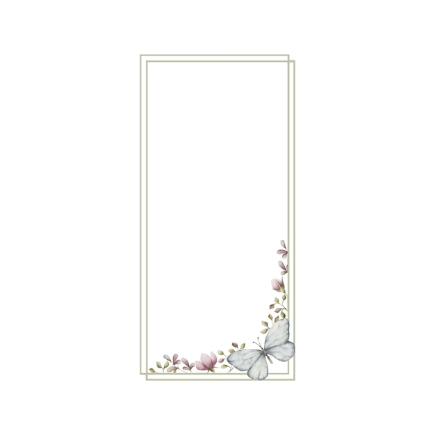 Rechthoekig frame met bloemen en vlinder Handbeschilderd verticaal frame Aquarel illustratie