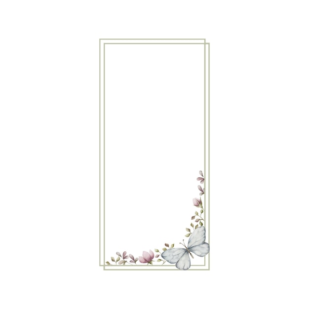 Rechthoekig frame met bloemen en vlinder handbeschilderd verticaal frame aquarel illustratie