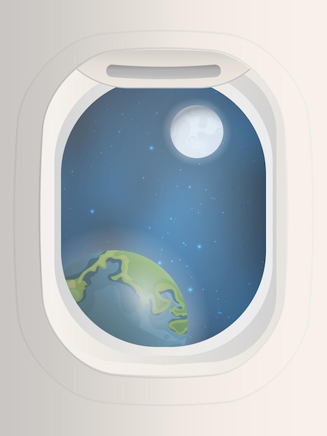 Rechthoekige patrijspoort met uitzicht op de planeet aarde en de maan patrijspoort met uitzicht op de ruimte vectorillustratie