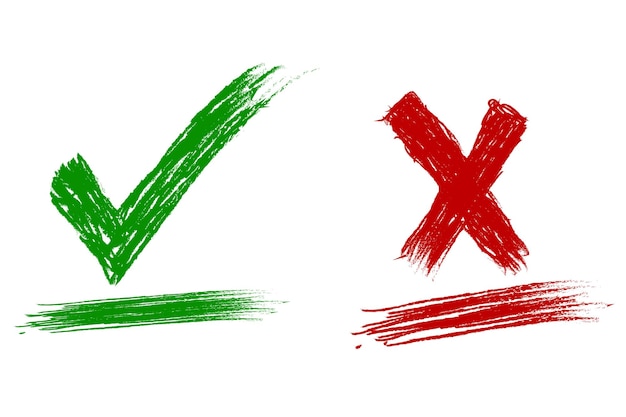Vector rechts en verkeerd icoon met de hand getekend groen vinkje en rood kruisje geïsoleerd op witte achtergrond