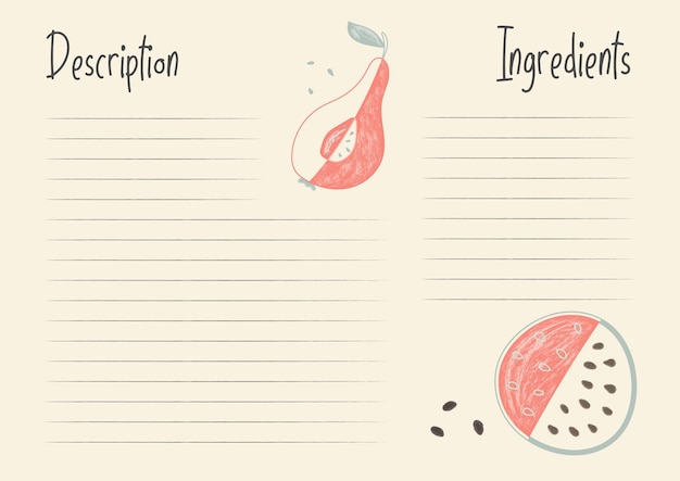 벡터 베이지색 배경에 재료가 있는 요리책 메뉴 시트 템플릿의 레시피 카드 템플릿