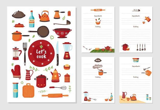 Vector recipe cards cookbook pages cute cook recipes notes kitchen decorative stickers templates food ingredients blank journal list classy vector set