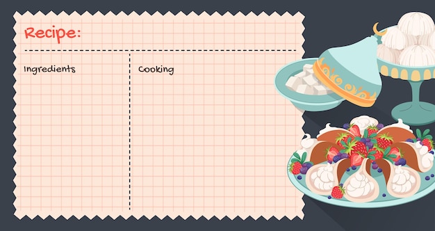 Vector recipe cards culinary book blank pages traditional sweets to celebrate of eid al fitr home menu