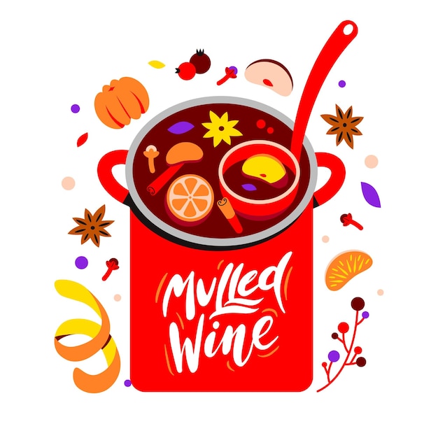 Vector recipe for making a hot winter drink. christmas mulled wine from wine and spices in a saucepan