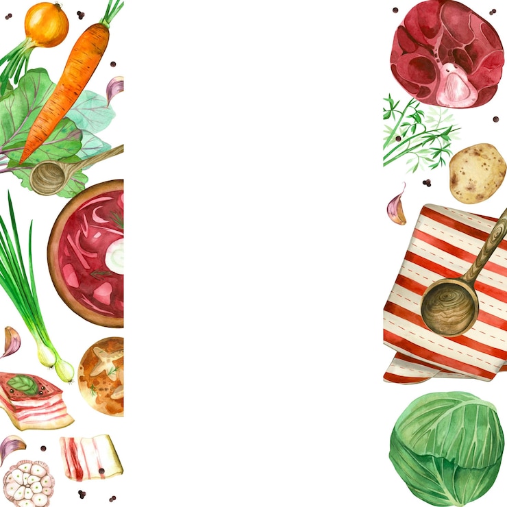 Vector recipe of national cuisine borscht vegetables meat for cooking borscht potatoes cabbage carrots garlic tablecloth all objects are handdrawn with watercolors frame for menus recipes books