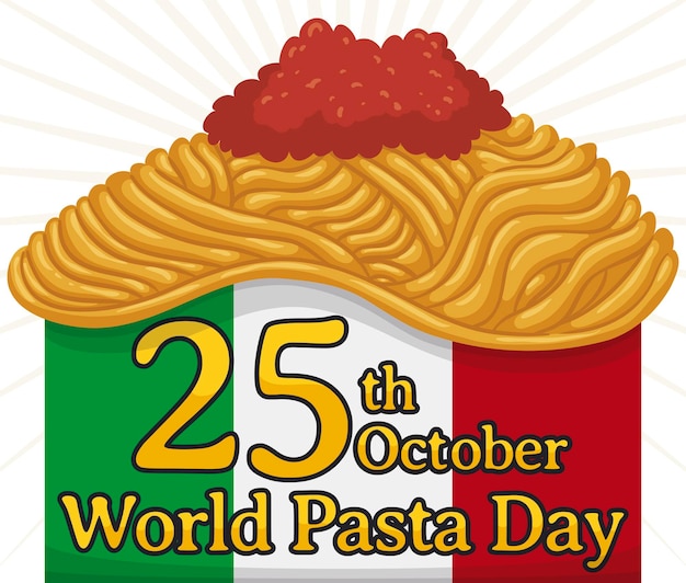 벡터 세계 파스타의 날을 기념하기 위해 이탈리아 국기 위에 포마롤라 또는 토마토 소스를 곁들인 스파게티 레시피