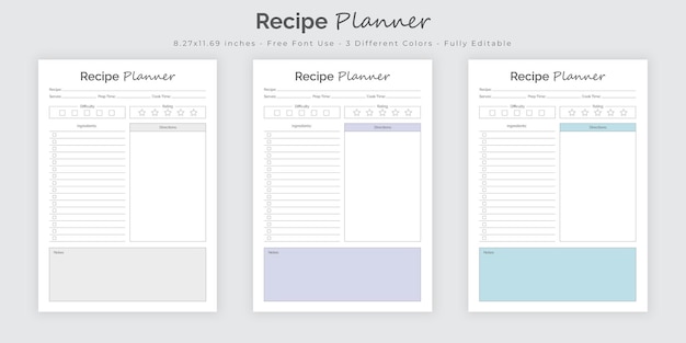 Recipe planner journal and tracker interior design template