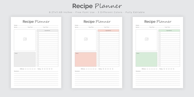 Recipe planner logbook journal and tracker interior template