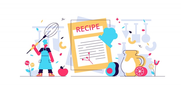 Recipes  illustration.  tiny chef write ingredients list concept. kitchen cooking book with healthy and tasty meal dinner. organic gourmet dish for vegetarian. homemade culinary text notes.