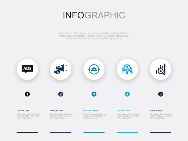 Reclame Promotie Doelgroep Publiek Marktonderzoek pictogrammen Infographic ontwerp lay-out ontwerpsjabloon Creatief presentatieconcept met 5 stappen