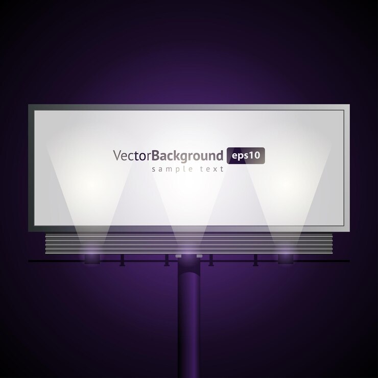 Vector reclamebord met achtergrondverlichting op paarse achtergrond vectorsjabloon massief metalen bordje op dikke buisstandaard voor videopromotie en informatie