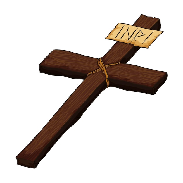 Вектор Лежащий крест с знаком inri в стиле мультфильма на белом фоне